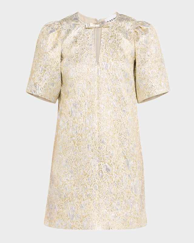Metallic Cloque Short-Sleeve Mini Dress